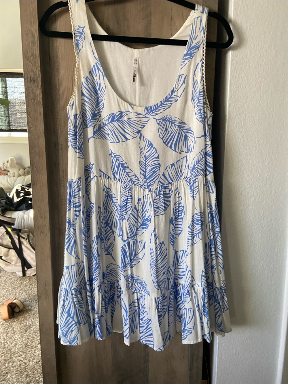 White & Blue Leaf Tank Cover-Up Dress - Women